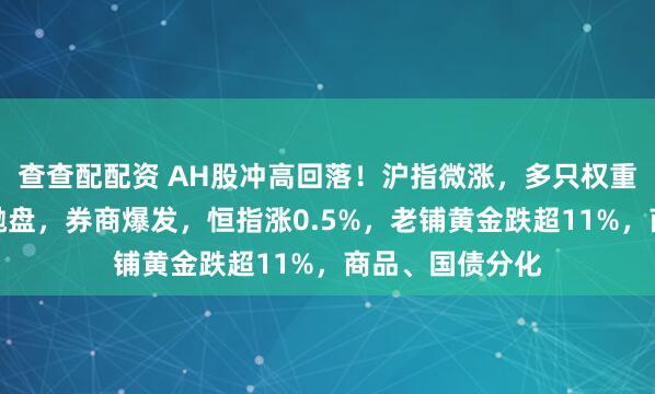 查查配配资 AH股冲高回落！沪指微涨，多只权重股尾盘竞价遭抛盘，券商爆发，恒指涨0.5%，老铺黄金跌超11%，商品、国债分化
